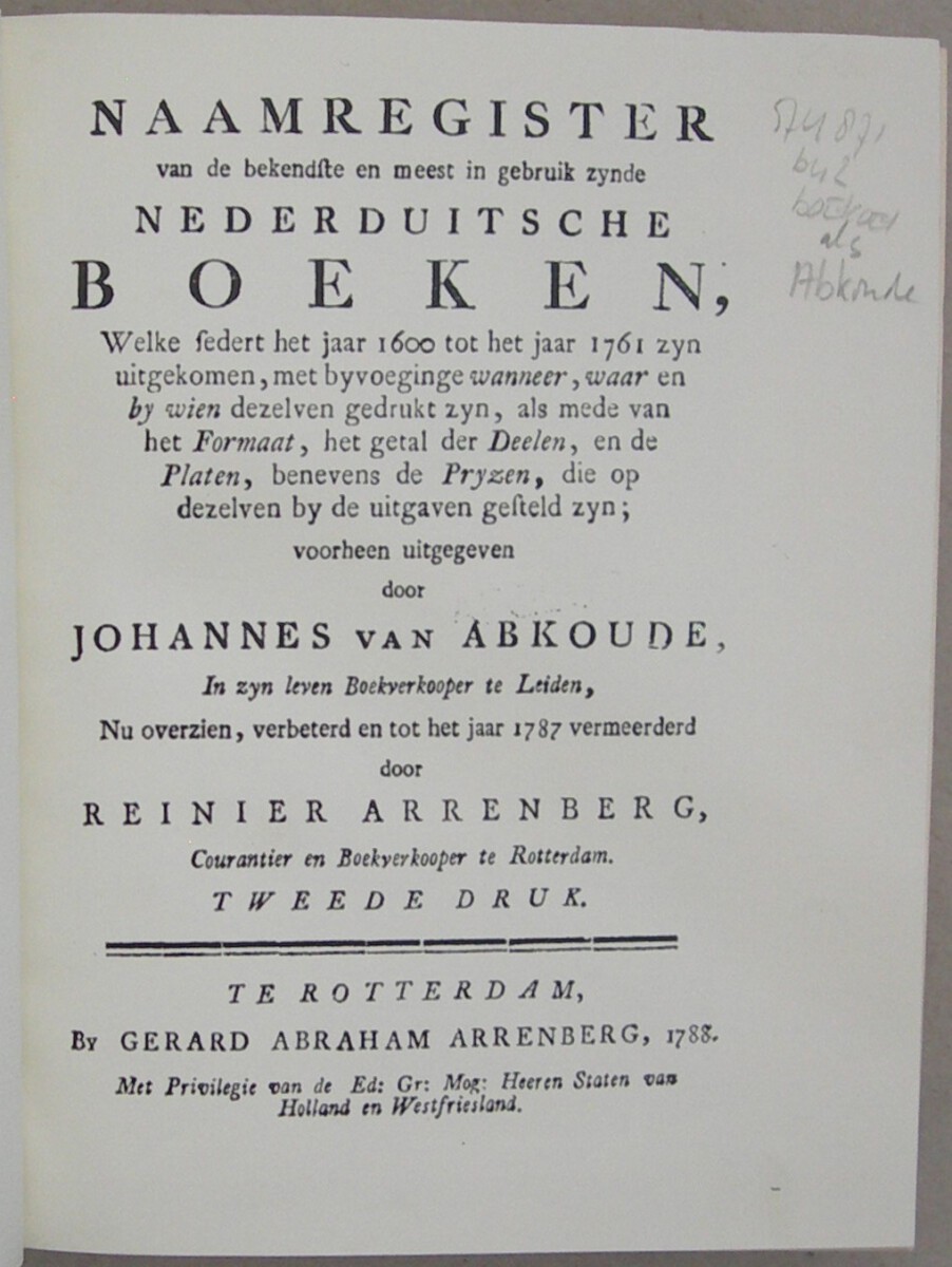 Naamregister van de bekendste en meest in gebruik zynde Nederduitsche boeken, ... voorheen uitgegeven door JOHANNES VAN ABKOUDE, Nu overzien, verbeterd en tot het jaar 1787 vermeerderd door REINIER ARRENBERG. Tweede druk. - Afbeelding 2