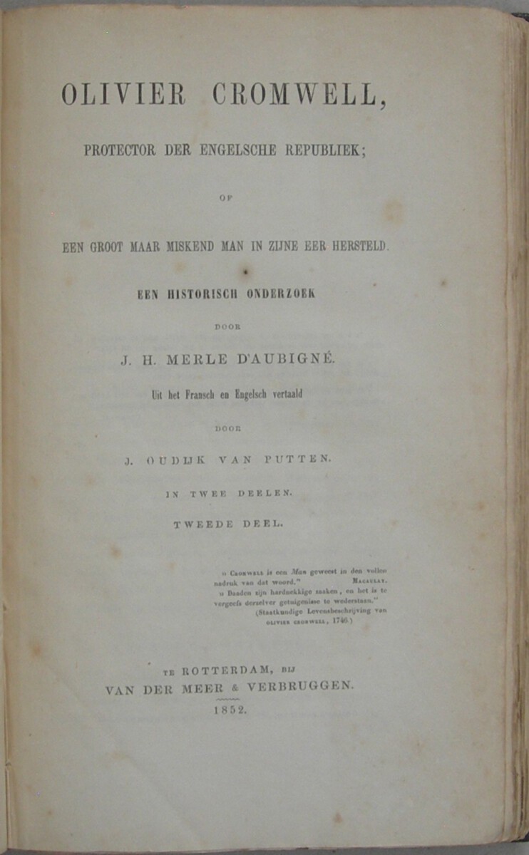 Olivier Cromwell, protector der Engelsche Republiek; of een groot maar miskend man in zijn eer hersteld. Een historisch onderzoek (...). Uit het Fransch en Engelsch vertaald door J. Oudijk van Putten. In twee deelen. Met portret van Cromwell. - Afbeelding 6